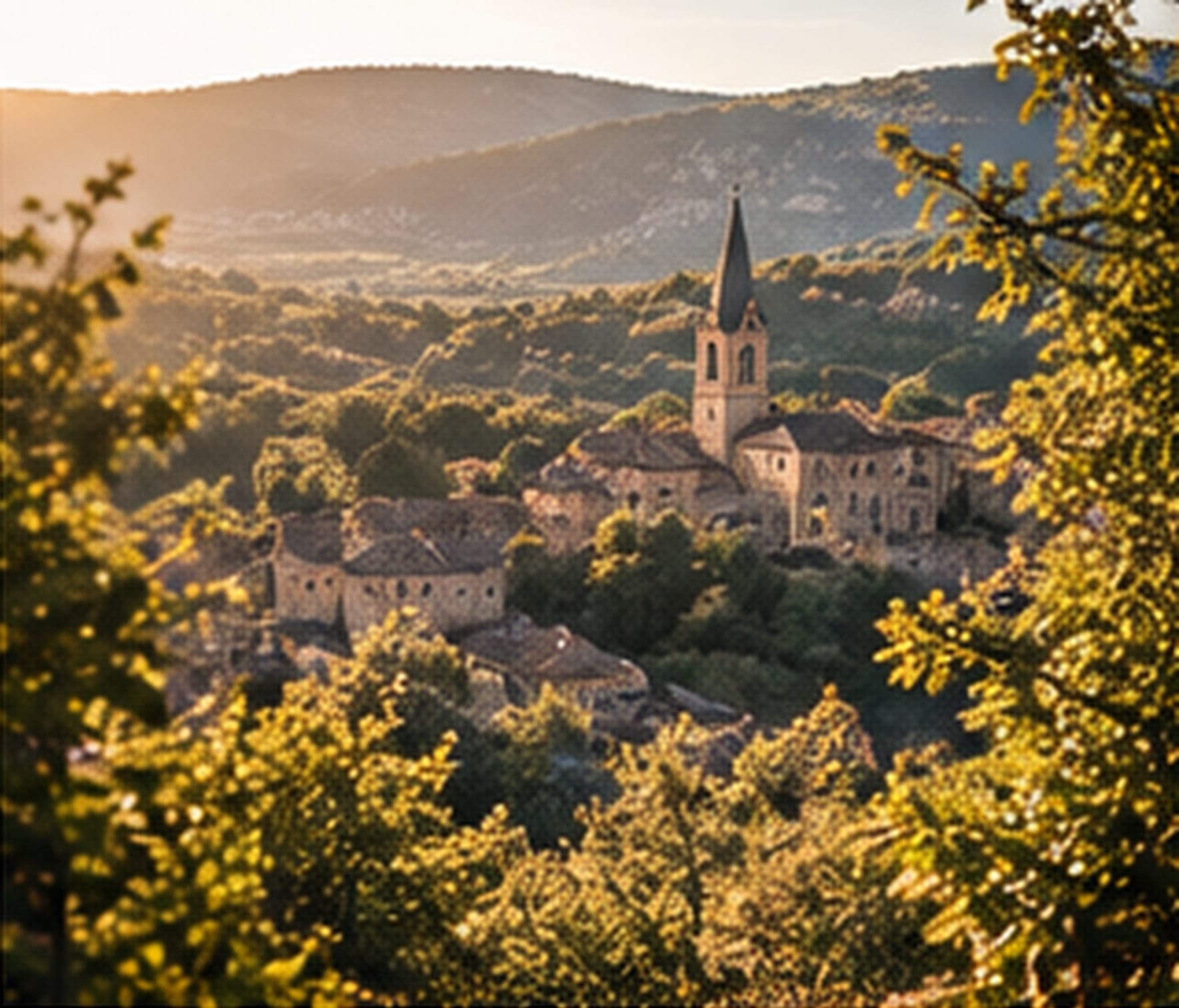 Village de Lozère au coucher du soleil entre les collines
