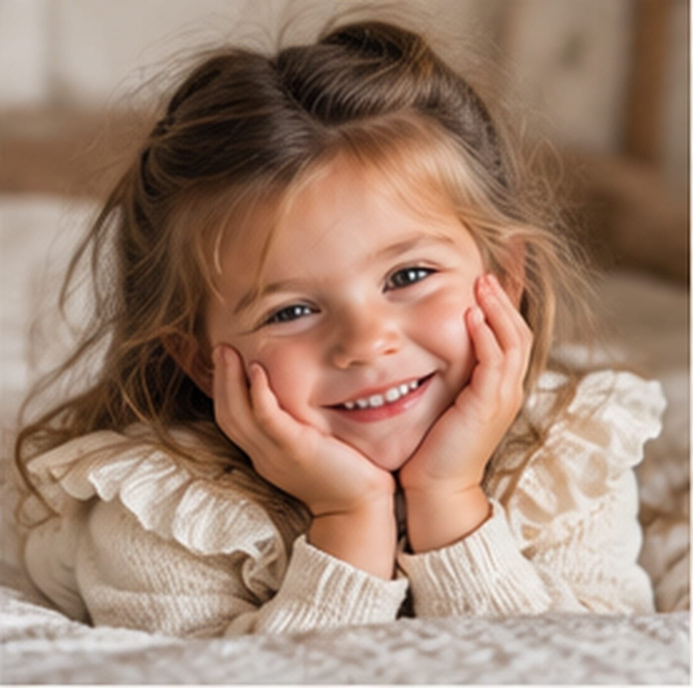 Petite fille souriante, les mains sur les joues
